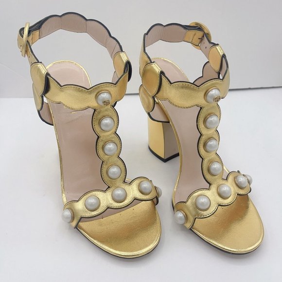 Gucci Shoes - Gucci Gold Pearls Chunky Heels Sandals 8/38